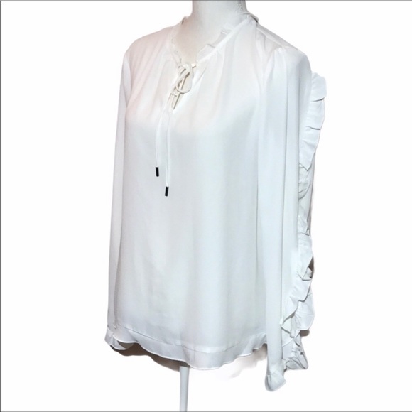 T Tahari Ruffled Sheer Long Sleeve Blouse Size L - Picture 2 of 9